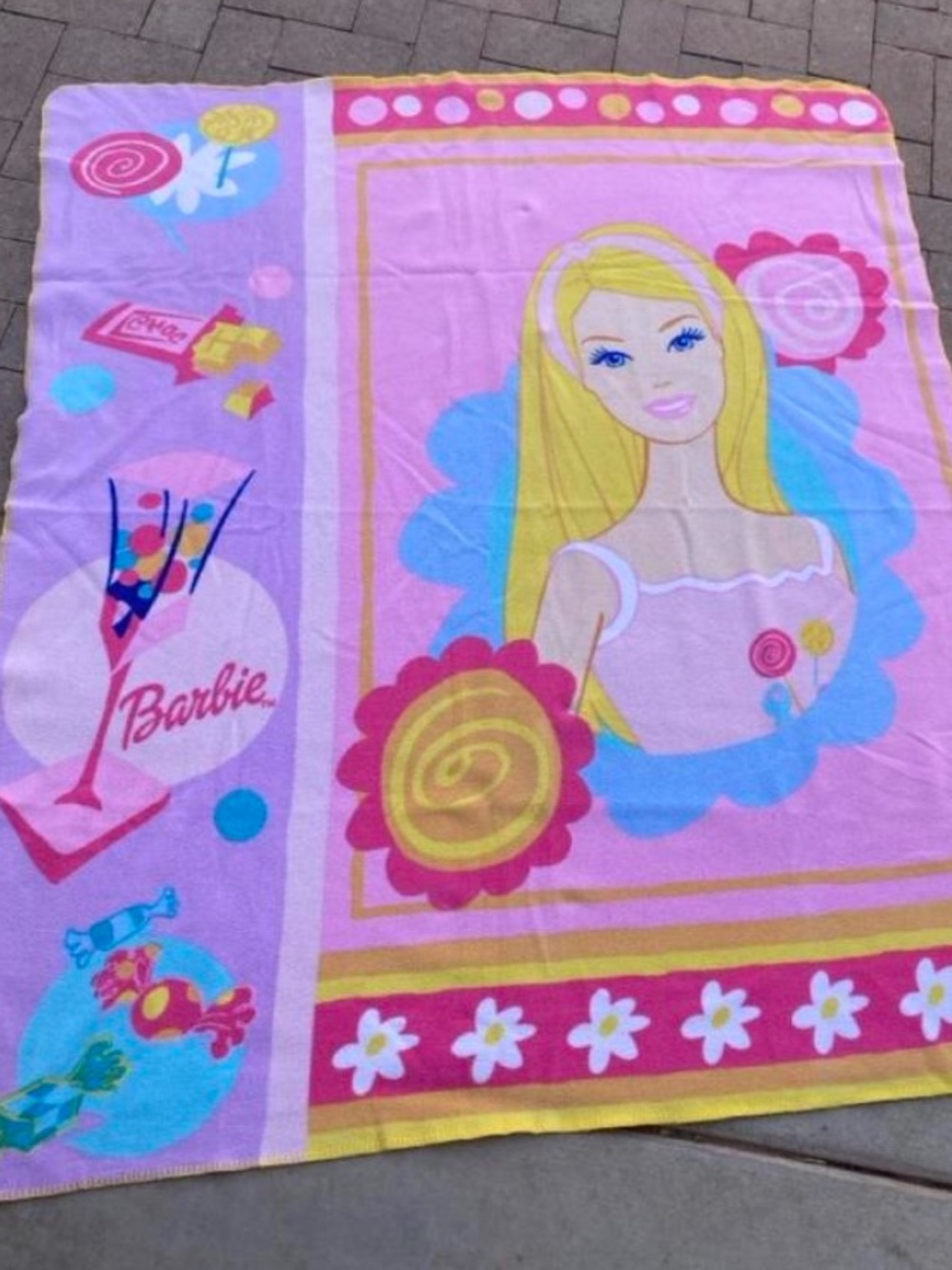 Vintage Barbie fleece 52x56 soft throw blanket 2003 candy sweets graphic